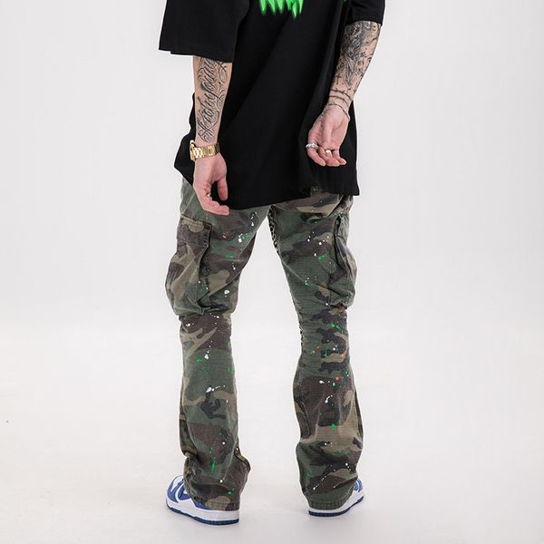 

hip-hop splash flared pants men and women pockets drawstring loose cargo pants streetwear baggy trousers, Black