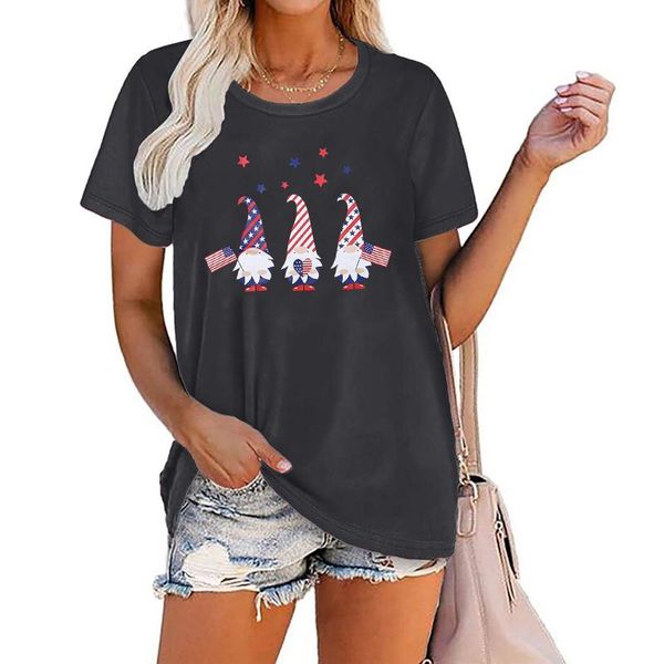 

women's t-shirt print gnome t-shirts summer crew-neck american flag oversized midget printed independent patriotic tee y2k, White