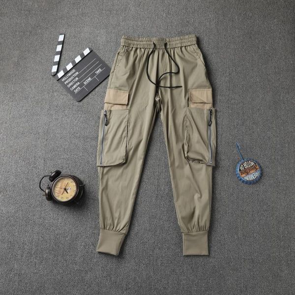 

men's pants overalls 2021 summer cargo big pocket zipper trendy korean slim casual trousers, Black