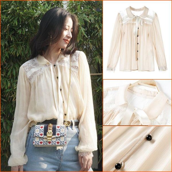 

women's blouses & shirts 2021 spring clothing zhou yutong temperament light ripe apricot ribbon with lace shirt long sleeve top, White