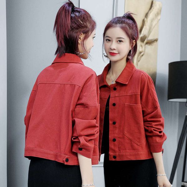 

20212020 spring new short denim jacket women's long sleeve button red personalized leisure trend, Black;brown