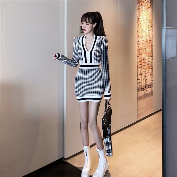 

casual dresses hi girl slim v neck knitted dress long sleeve spring plaids bodycon sheath sweet short mini vestido, Black;gray