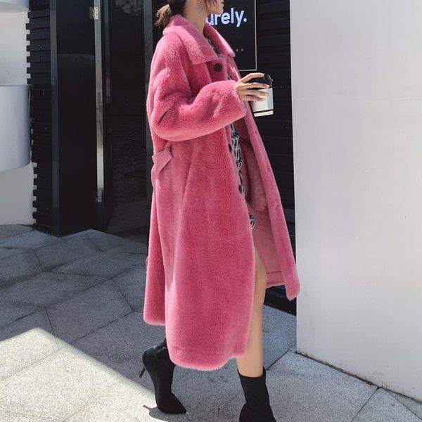 

women's fur & faux 2021 sheep shearling coat belt lamb female mid-length loose, Black