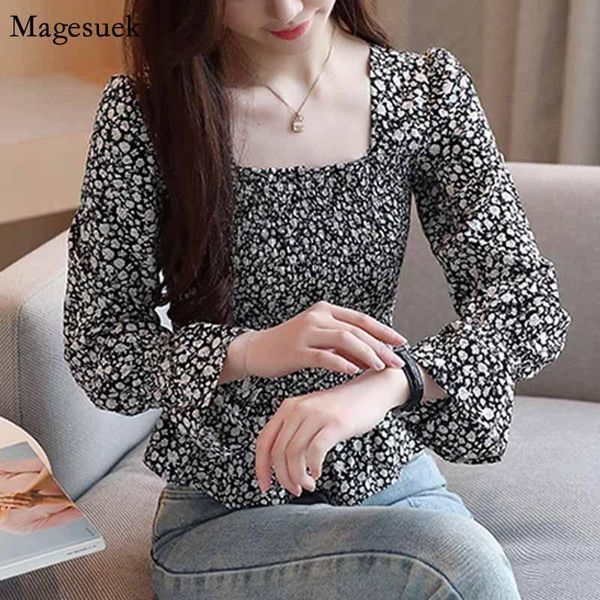 

women's blouses & shirts 2021 autumn office korean chiffon blouse floral flare sleeve women plus size print pullover shirt clothing blu, White