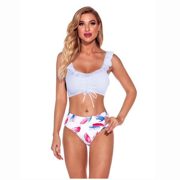 

3pieces/lot summer women solid color print bikini set ruffle decoration two pieces with chest pad concise swimsuit, Red;black