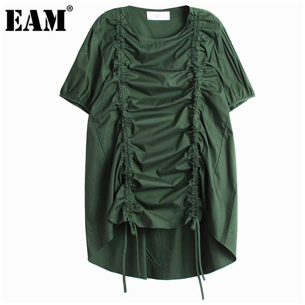 

casual dresses [eam] women green drawstring big size irregular dress round neck half sleeve loose fit fashion spring summer 2021 1dd7788, Black;gray