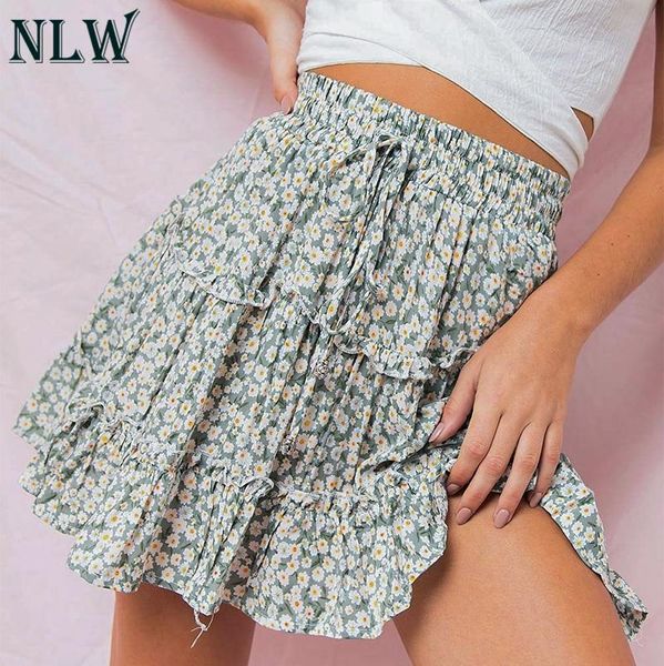 

skirts nlw 2021 summer print short skirt female vintage holiday elastic waist lace up mini dress casual ruffle empire plus size, Black