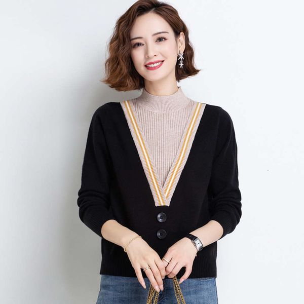 

turtleneck women's korean autumn winter jacket with semi color contrast fake two-piece fashion stitching and backing t-shirt luxury, White;black