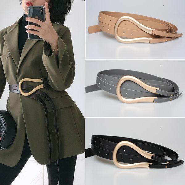 

fashion women gold metal belts curved large horseshoe u buckle luxury microfiber leather double belt for coat dress sweater lj200921, Black;brown