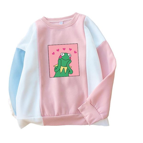 

women's hoodies & sweatshirts women autumn winter fleece kawaii cute frog cartoon print sweatshirt casual o-neck colorblock patchwork s, Black