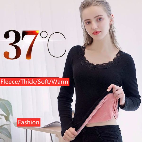 

winter womens thermal underwear fashion slim bodycare lace collar design fleece inside underwaist female warm pullover top, White;black
