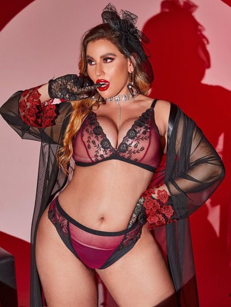 

plus embroidery sheer mesh lingerie set without robe b97l#, Black;white