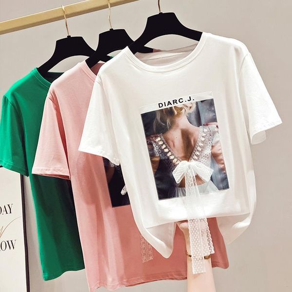 

funny print knitted bow t-shirts women white casual o-neck cotton tee shirts female summer tumblr 2021 harajuku