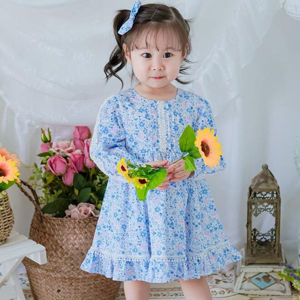

spring summer baby girls floral long sleeve dresses children kids girl princess dress clothing kids girls dress, Blue