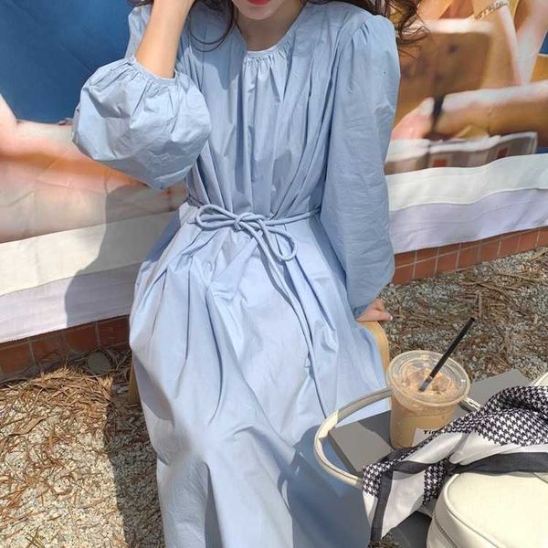 

korean early autumn french elegant temperament soft milk blue loose lantern sleeve pleated drs, Black;gray