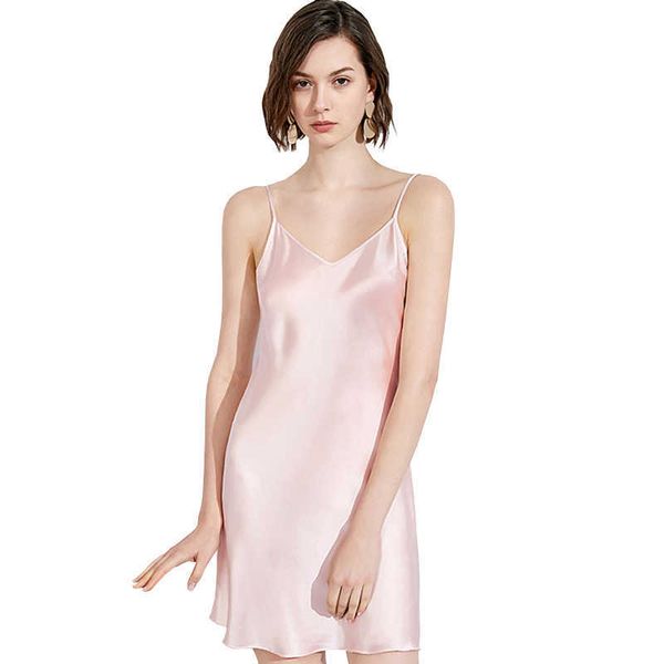 Dround Dress 100% Real Silk Full Slips Nighties para Mulheres Longa Camisole Chemise Driesmaid Mini V-Pescoço 210924