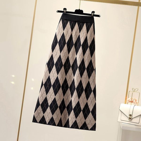 

ladies plus size vintage long skirt femme streetwear autumn winter knitting plaid midi skirts women high waist a-line skirt, Black