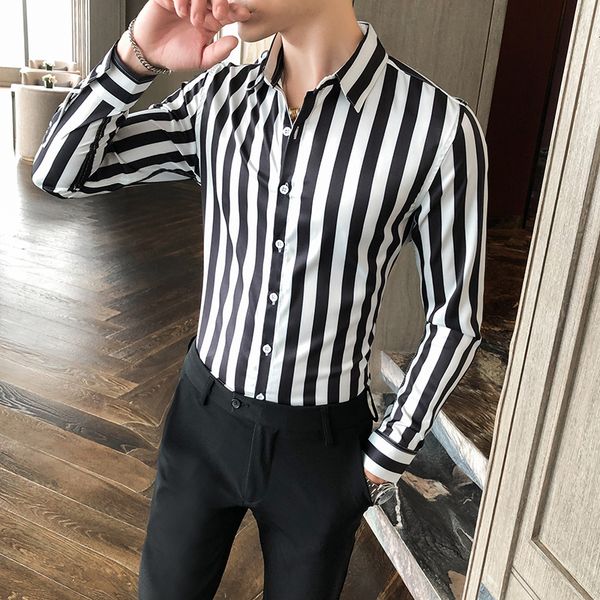 

new formal business wear long sleeve striped shirt of men clothes 2021 fine adjustment casual office sweatshirt homme 3xl-m foe, Black;brown