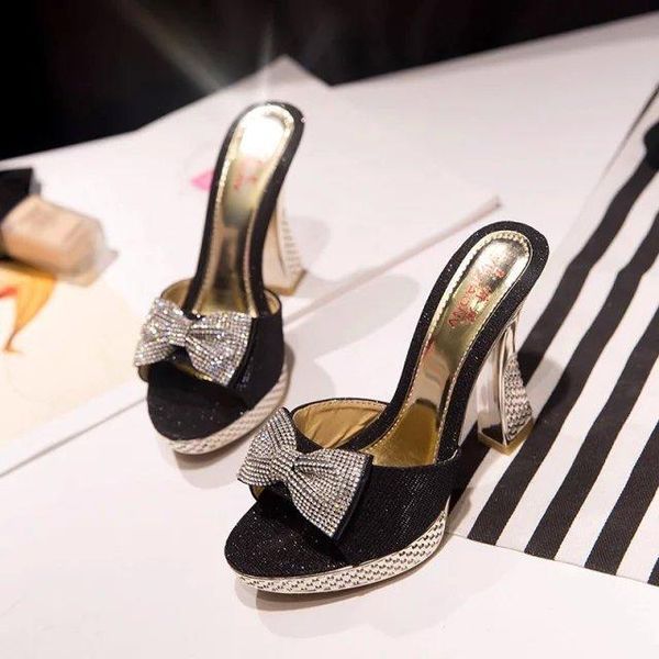 

slippers shoes women sequins super high-heeled female summer slipper bow thick-heeled waterproof platform 2.5cm thick-soled, Black