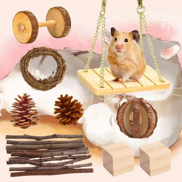 

small animal supplies 9pcs dark brow hamster toys bite-resistant molar tools wooden play set for guinea pig little chinchilla toy