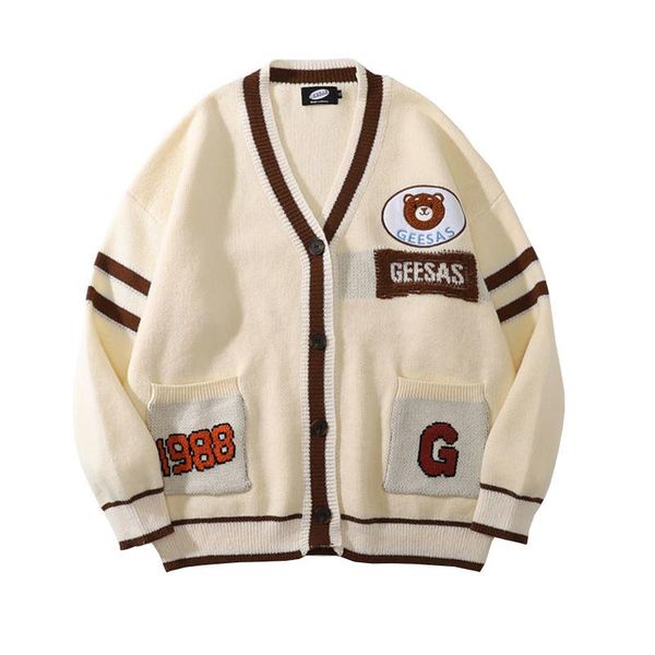 

women's knits & tees japanese lazy style retro bear embroidered women sweaters harajuku autumn and winter loose cardigan knitted jacket, White