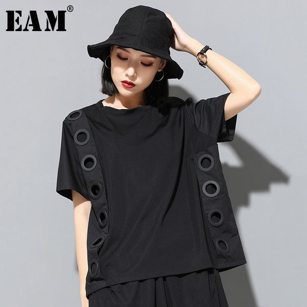 

[eam] 2021 new spring summer round neck short sleeve black hollow out split joint big size t-shirt women fashion tide 210305, White