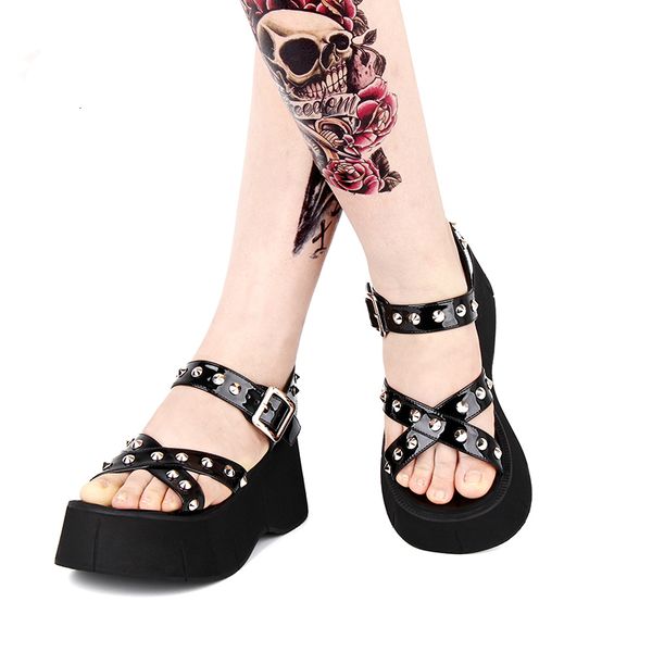 

summer new dark gothic style lolita open-toed rebite female punk platform stilettos eight in sandals big size 33-47 ohju, Black