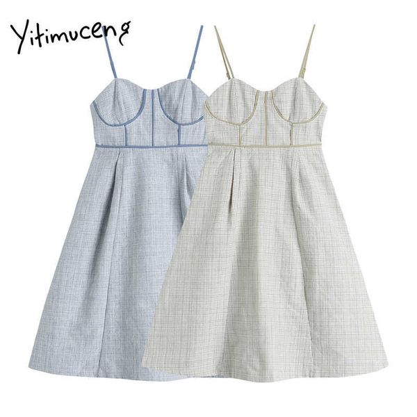 

yitimuceng plaid spaghetti strap dresses women summer zipper high waist a-line v-neck green blue fashion mini sundress 210601, Black;gray