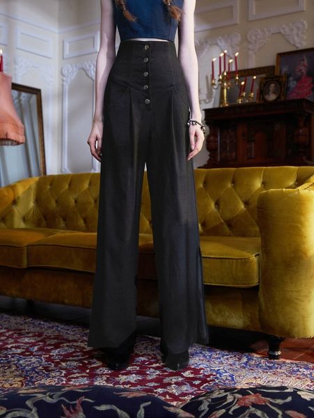 

x otrebla button detail split hem high waist wide leg pants y92m#, Black;white