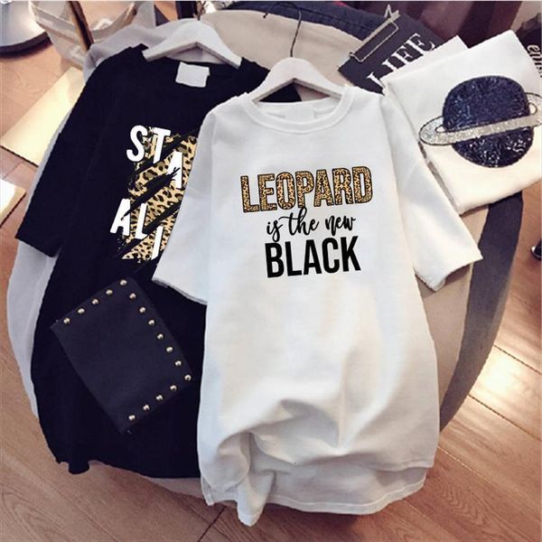 

plus size leopard letter women dress print short sleeve black white casual fashion loose summer mini t shirt, Black;gray