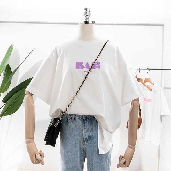 

women's t-shirt summer korean loose stylish simple and versatile three-dimensional letter printing pure cotton white round neck t women