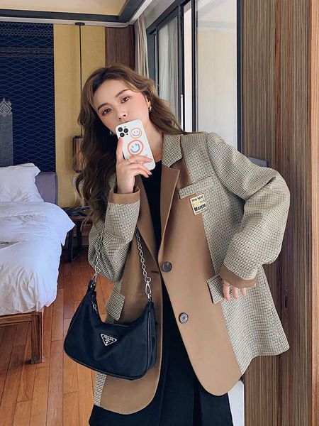 

women's suits & blazers [ewq] trend coat feminino stitching long-sleeved ladies plaid jacket trendy clothing overcoats blazer 16w164716, White;black
