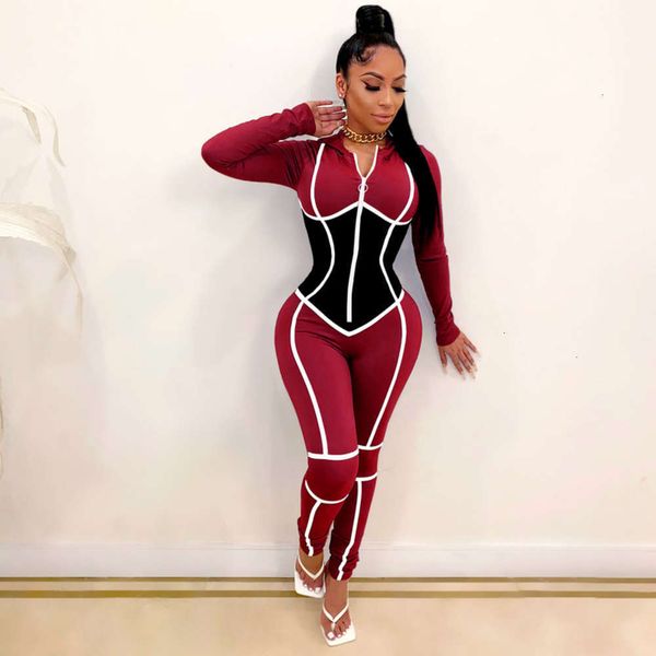 

sm9125 women's fashion tracksuits casual solid color splicing zipper hooded slim fit sports jumpsuit, Gray