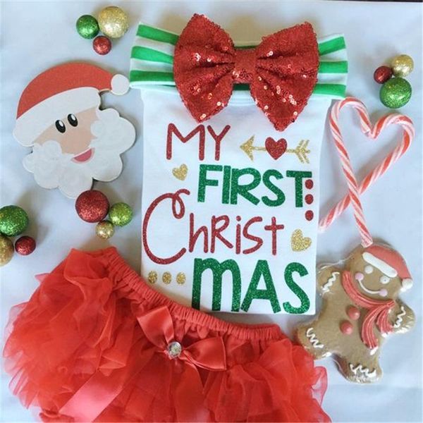 

clothing sets my 1st christmas baby girls letter printed romper tutu ruffle short bloomer clothes set xmas outfits 0-24m, White