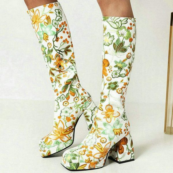 

boots 2021 women knee high platform thick heel ladies calf pu leather embroider square toe women's white green, Black