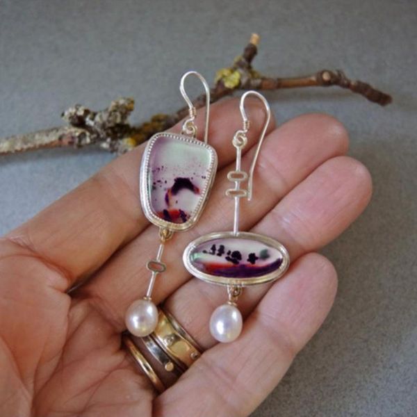 

dangle & chandelier delicate geometric oval resin earrings for women asymmetric artistic jewelry painting pattern long pearl wedding earring, Silver