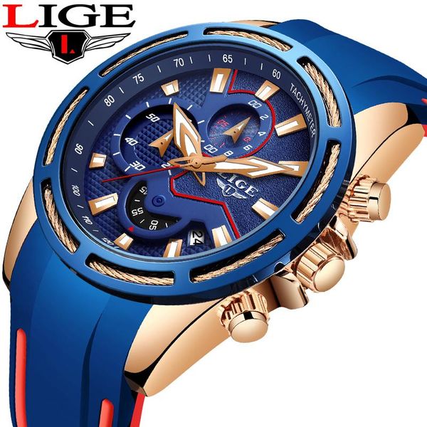 

wristwatches relogio masculino lige sport watch men fashion waterproof military mens wristwatch silicone blue quartz clock, Slivery;brown