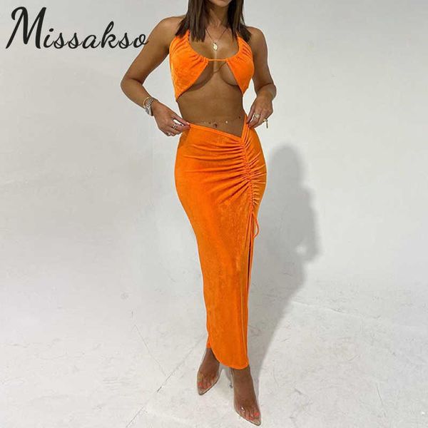 

missakso skinny halter crop and high waisted split long skirt beach summer orange blue women fashion two piece set 210625, White