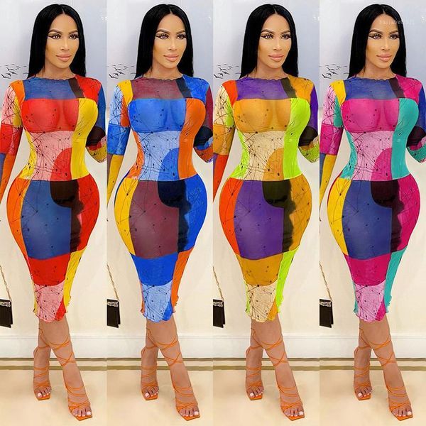 

casual dresses women long sleeve multicolor print see through mesh bodycon midi dress spring autumn elegant party club outfits, Black;gray