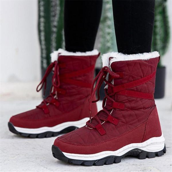 

boots women winter keep warm quality mid-calf snow ladies lace-up comfortable waterproof booties chaussures femme, Black