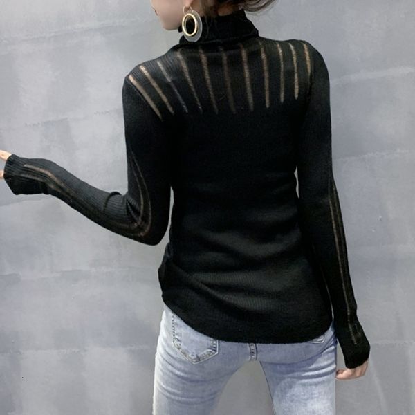 

2021 fall winter korean style knitted sweater fashion hollow out turtleneck women all match kobieta swetry new t09102l 8z8p, White;black