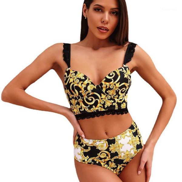 

women's swimwear bikini set push up women underwire swimsuit female lace bikinis high waist print straps bathing suit, White;black