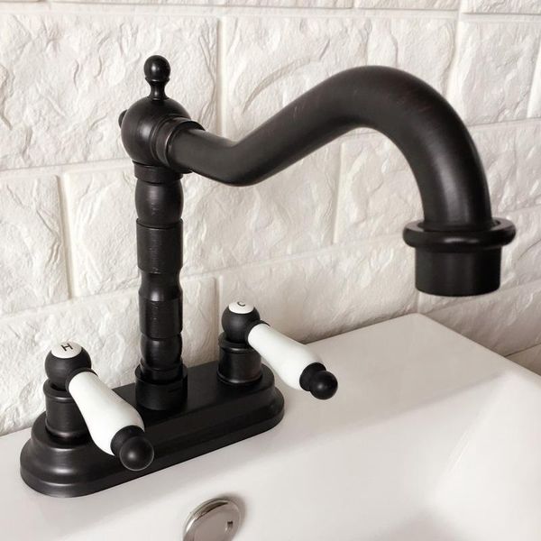 

bathroom sink faucets oil rubbed brass 2 hole 4" double ceramic handle kitchen basin faucet cold mixer tap swivel spout 360' dhg06