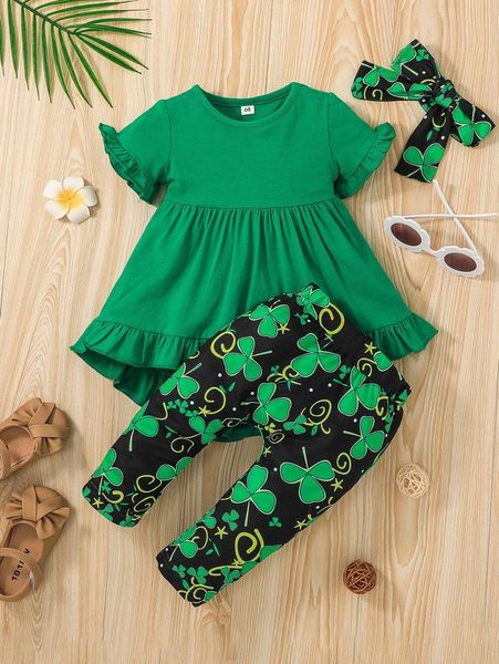 

baby ruffle high low hem & clover print pants & headband she, White