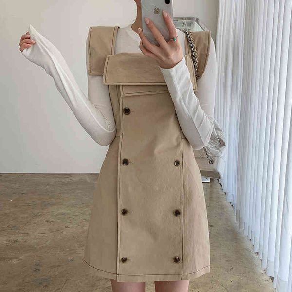 

casual dresses korean summer niche all-match chic lapel open-line contrast color small suspender dress short skirt female zm80, Black;gray