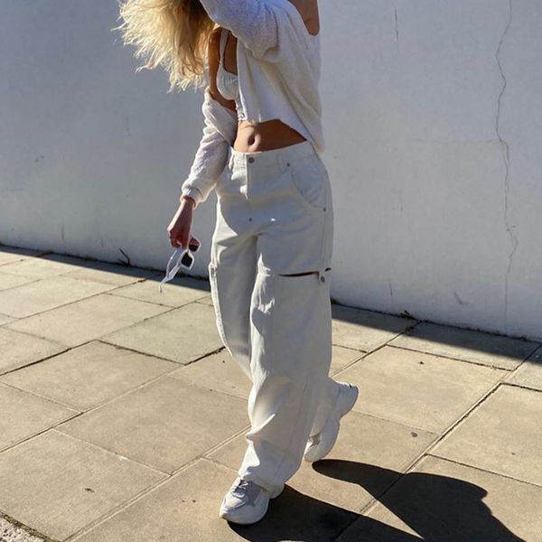 

hollow out white high waisted jeans women casual straight long trousers ladies pockets fashion denim pants capris, Black;white