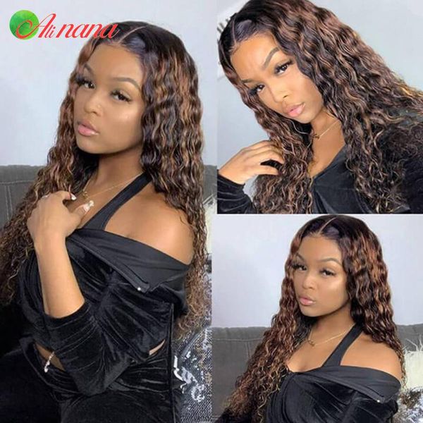 

lace wigs peruvian ombre highlight 2/30 color kinky curly 13x4 front pre-plucked remy guleless wig human hair for women, Black;brown