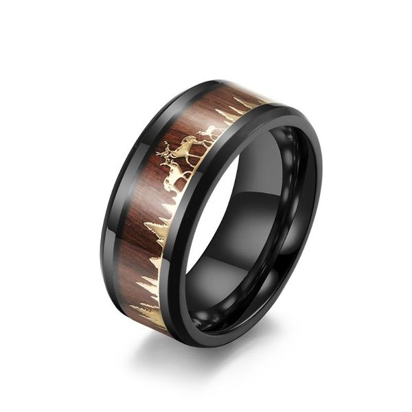 

wedding rings 2021 fashion 8mm men black tungsten wild life hunting ring koa wood inlay deer family silhouette steel band, Slivery;golden