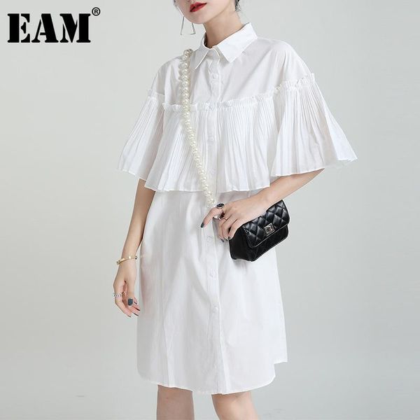 

casual dresses [eam] women white pleated spliced big size shirt dress lapel half sleeve loose fit fashion tide spring summer 2021 1dd9938, Black;gray