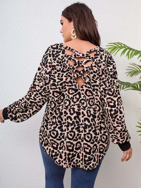 

plus leopard criss cross back lantern sleeve tee o5b4#, Black